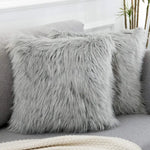 Grey Luxurious Long Faux Fur Cushion Covers - Set of 2 45x45cm Soft Plush Decorative Pillowcases for Sofa & Bed - Home