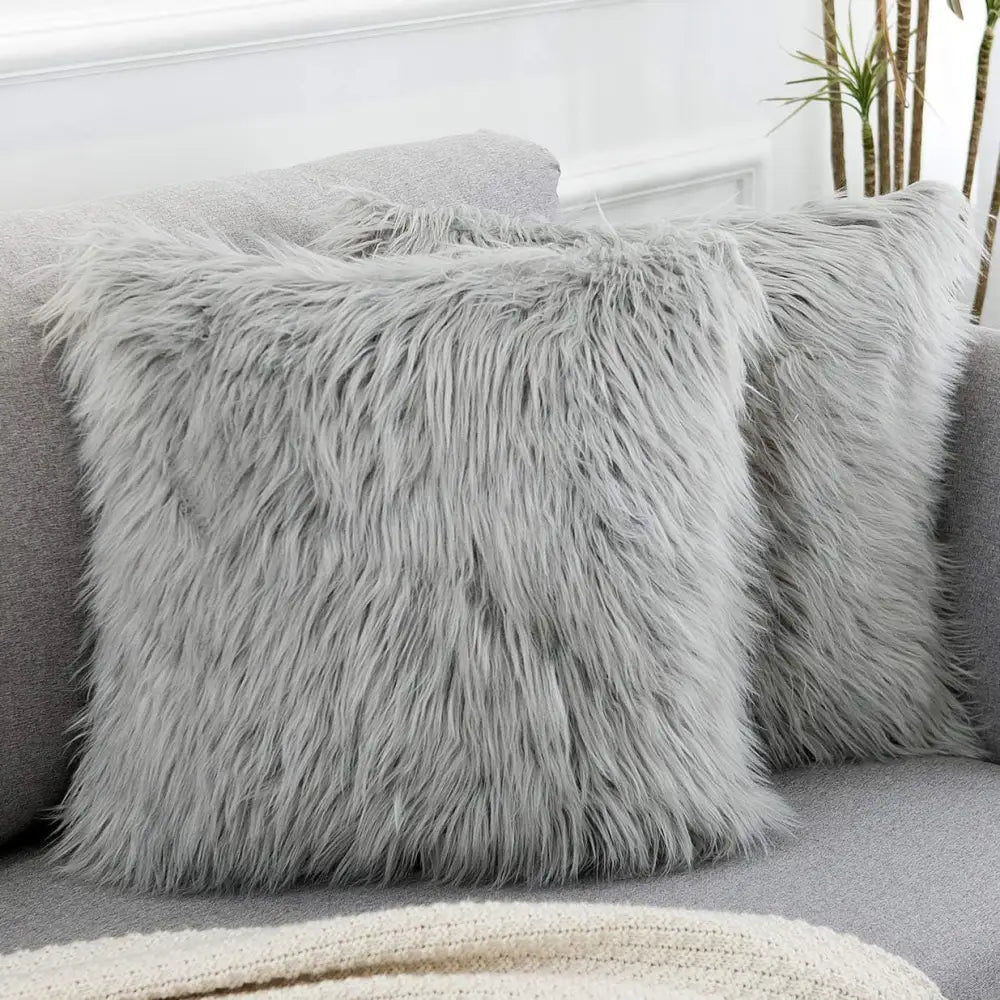 Grey Luxurious Long Faux Fur Cushion Covers - Set of 2 45x45cm Soft Plush Decorative Pillowcases for Sofa & Bed - Home