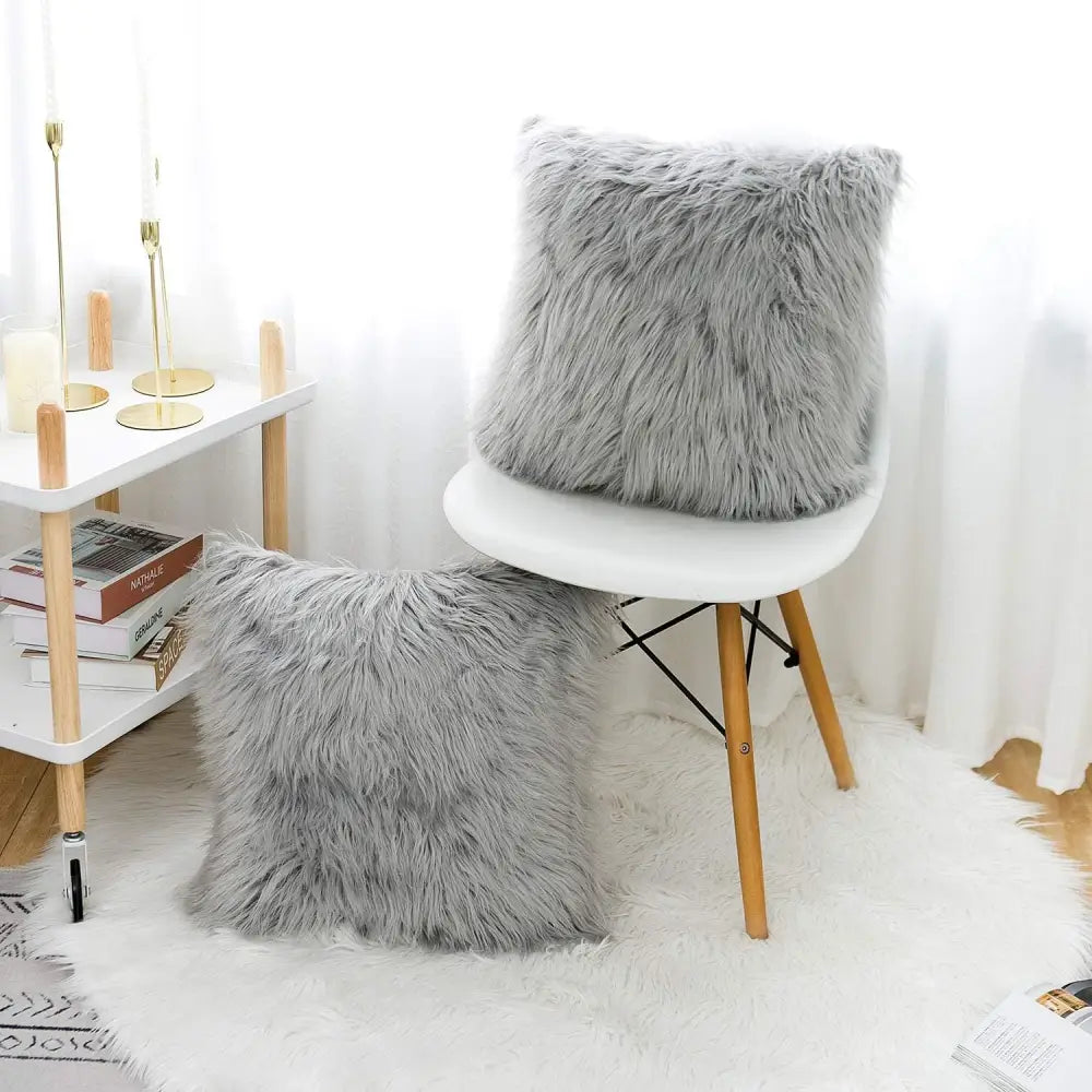 Grey Luxurious Long Faux Fur Cushion Covers - Set of 2 45x45cm Soft Plush Decorative Pillowcases for Sofa & Bed - Home