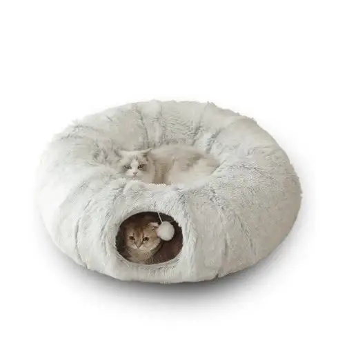 Grey Luxury Plush Cat Bed with Hidden Tunnel - Soft Round Pet Bed for Cats and Small Dogs - Pet Care > Cat Supplies >