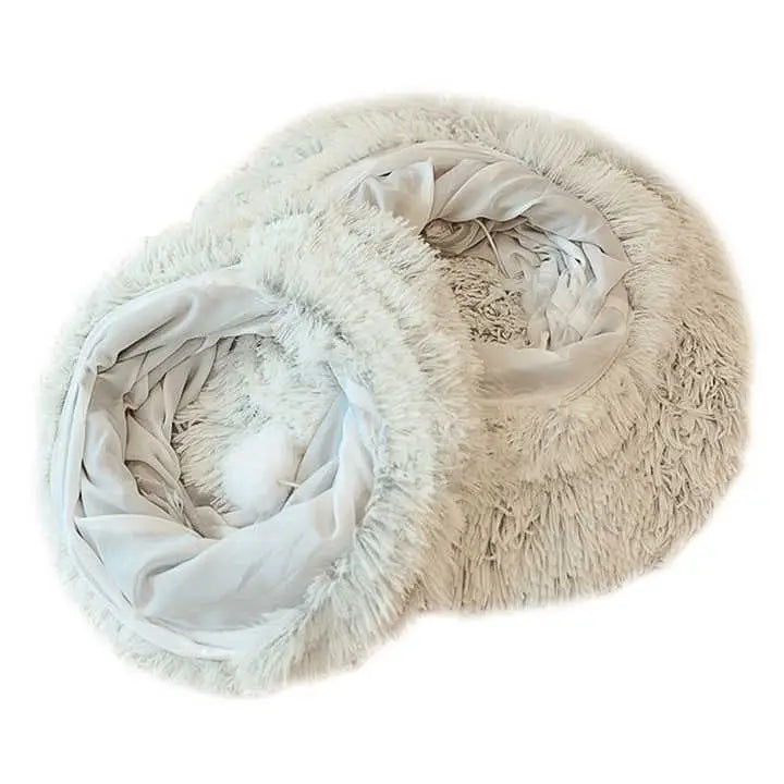 Grey Luxury Plush Cat Bed with Hidden Tunnel - Soft Round Pet Bed for Cats and Small Dogs - Pet Care > Cat Supplies >