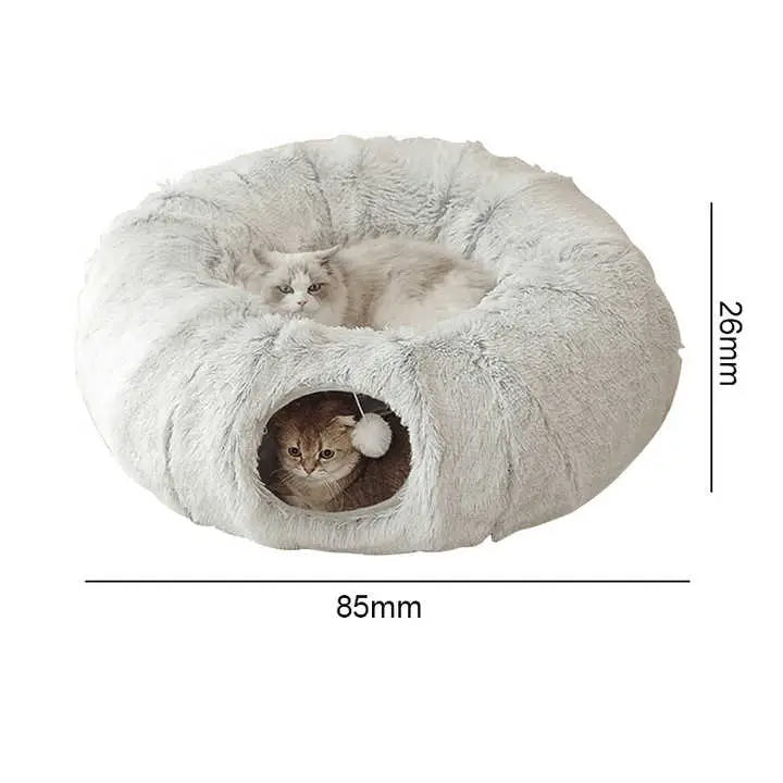 Grey Luxury Plush Cat Bed with Hidden Tunnel - Soft Round Pet Bed for Cats and Small Dogs - Pet Care > Cat Supplies >