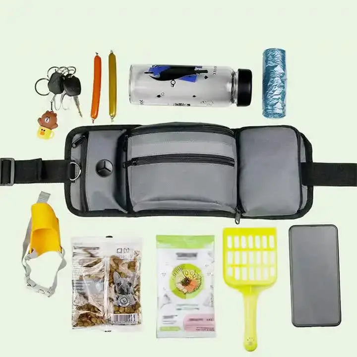 Grey Portable Dog Training Bag - Multi-Function Pet Snack Pouch Waste Bag Holder and Training Waist Bag for Dog Walking