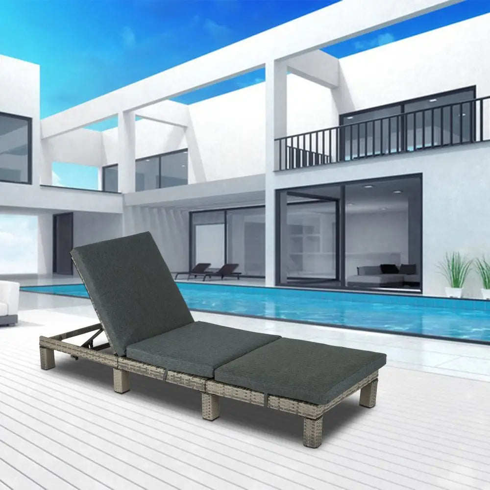Grey Rattan Sunbed with Adjustable Recline - Furniture > Outdoor