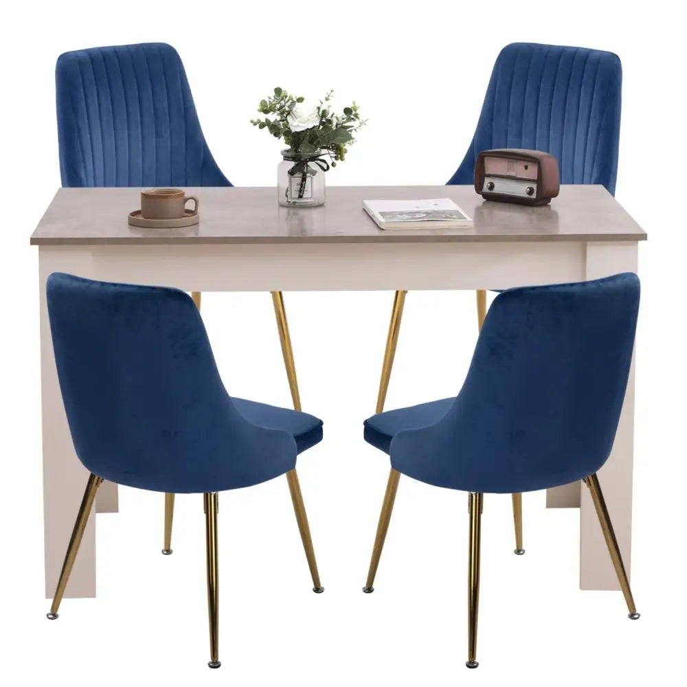 Grey Rectangular Dining Table with 4x Blue Velvet Chairs - Furniture > Dining