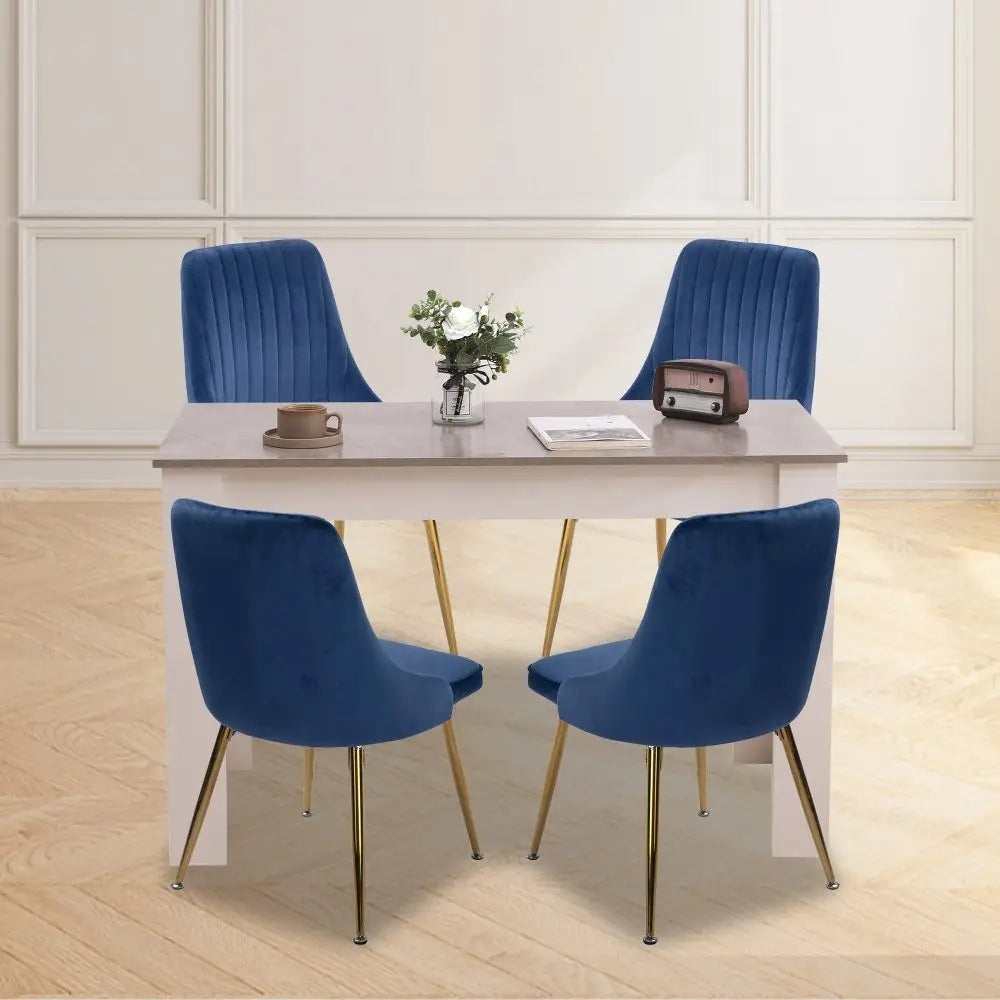 Grey Rectangular Dining Table with 4x Blue Velvet Chairs - Furniture > Dining