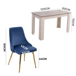 Grey Rectangular Dining Table with 4x Blue Velvet Chairs - Furniture > Dining