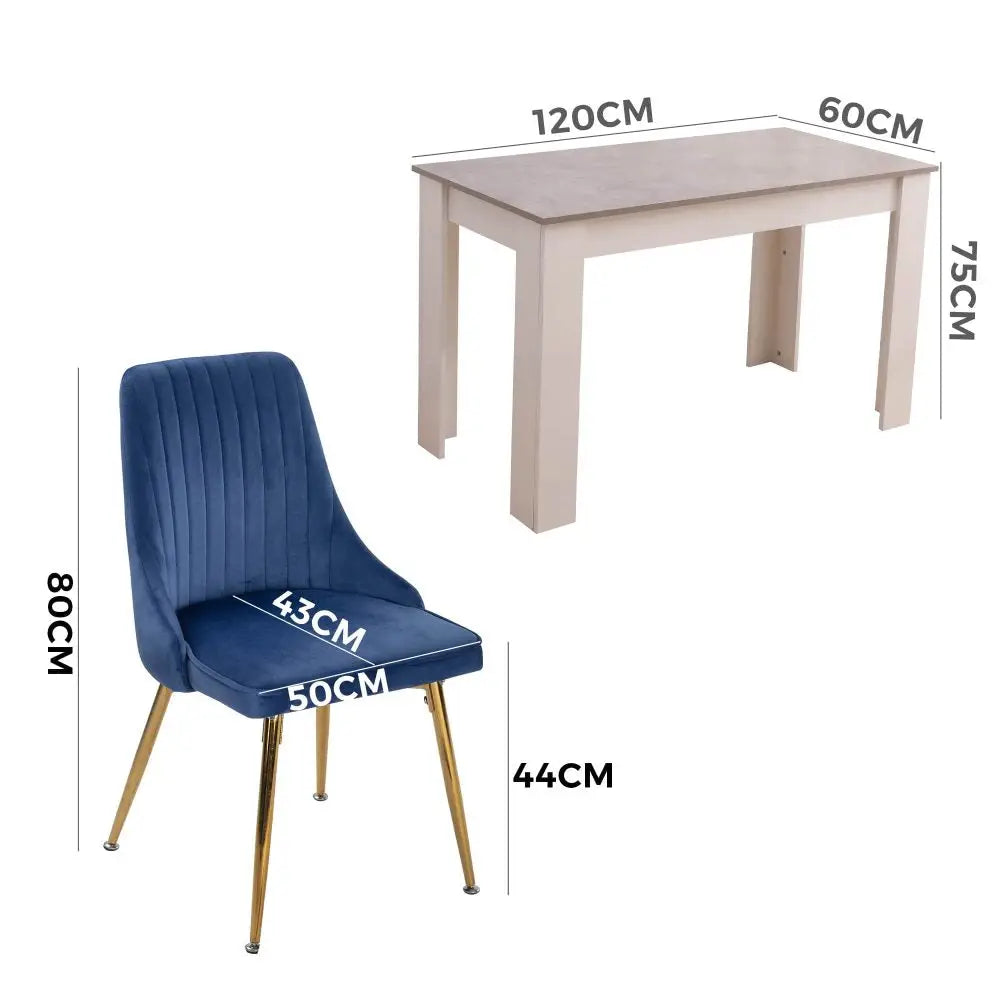 Grey Rectangular Dining Table with 4x Blue Velvet Chairs - Furniture > Dining