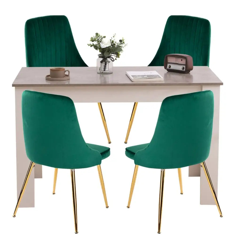 Grey Rectangular Dining Table with 4x Green Velvet Chairs - Furniture > Dining