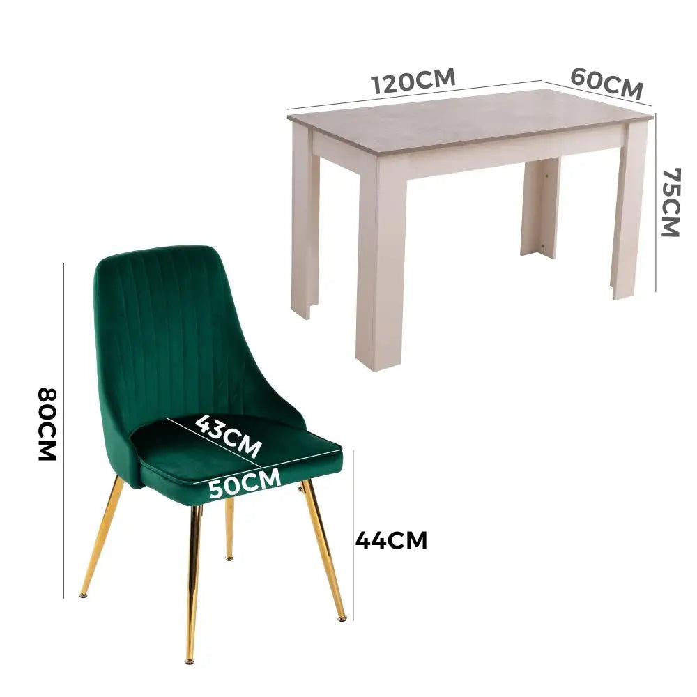 Grey Rectangular Dining Table with 4x Green Velvet Chairs - Furniture > Dining