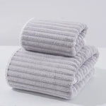 Grey Soft Candy Stripe Coral Fleece Bath Towel and Washcloth Set Ultra Absorbent Skin-Friendly - Home & Garden >