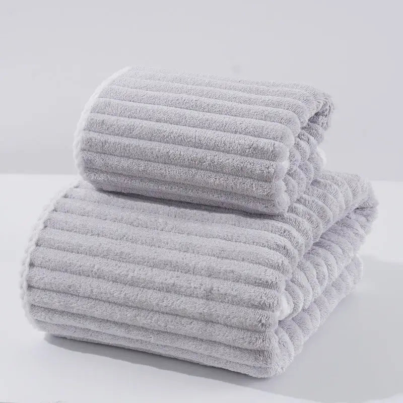 Grey Soft Candy Stripe Coral Fleece Bath Towel and Washcloth Set Ultra Absorbent Skin-Friendly - Home & Garden >