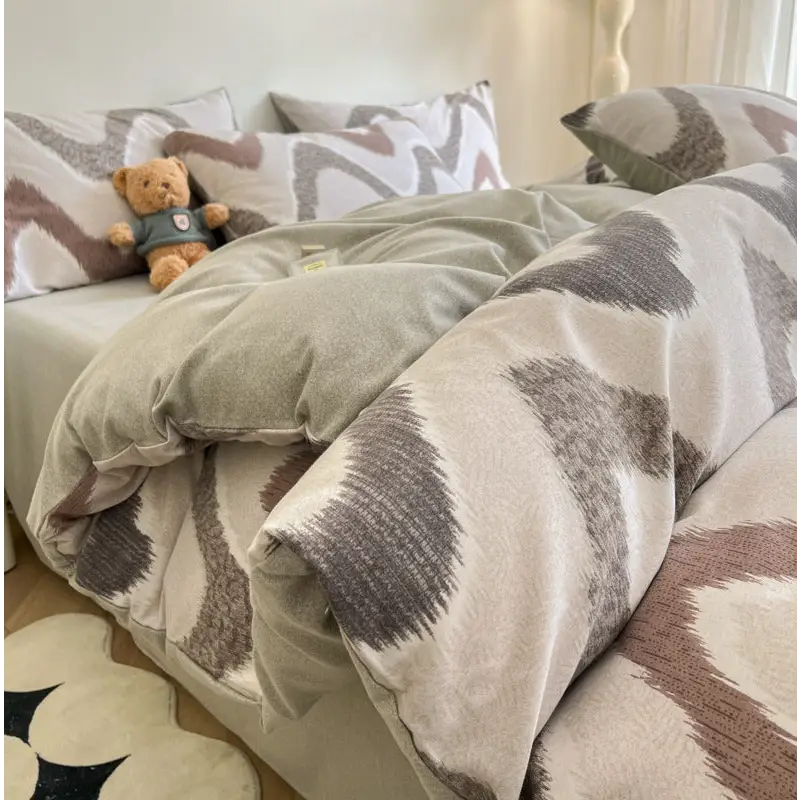 Grey Thick Brushed Cotton 4-Piece Bed Sheet Set (1.5m Bed) - Fits 200x230cm Duvet - Home & Garden > Bedding > Duvet