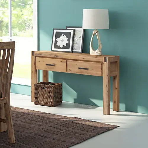 Hall Table 2 Storage Drawers Solid Acacia Wooden Frame Hallway in Oak Color - Furniture > Living Room
