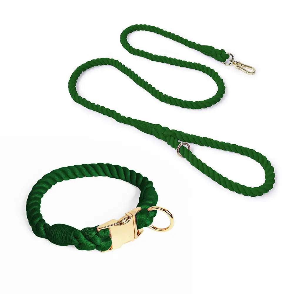 Handmade Gradient Rope Dog Collar & Leash Set - Colorful Braided Cotton (Dark green - Size M) - Pet Care > Dog Supplies