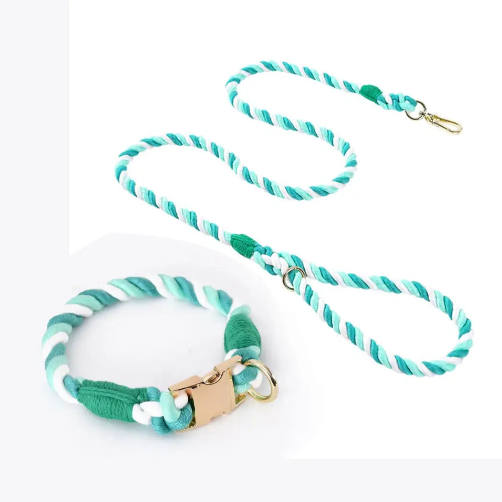 Handmade Gradient Rope Dog Collar & Leash Set - Colorful Braided Cotton (Light green - Size M) - Pet Care > Dog