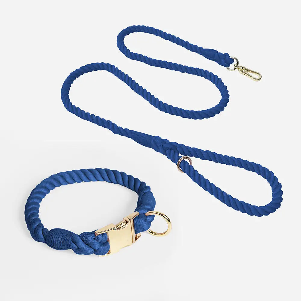 Handmade Gradient Rope Dog Collar & Leash Set - Colorful Braided Cotton (Navy blue - Size M) - Pet Care > Dog Supplies