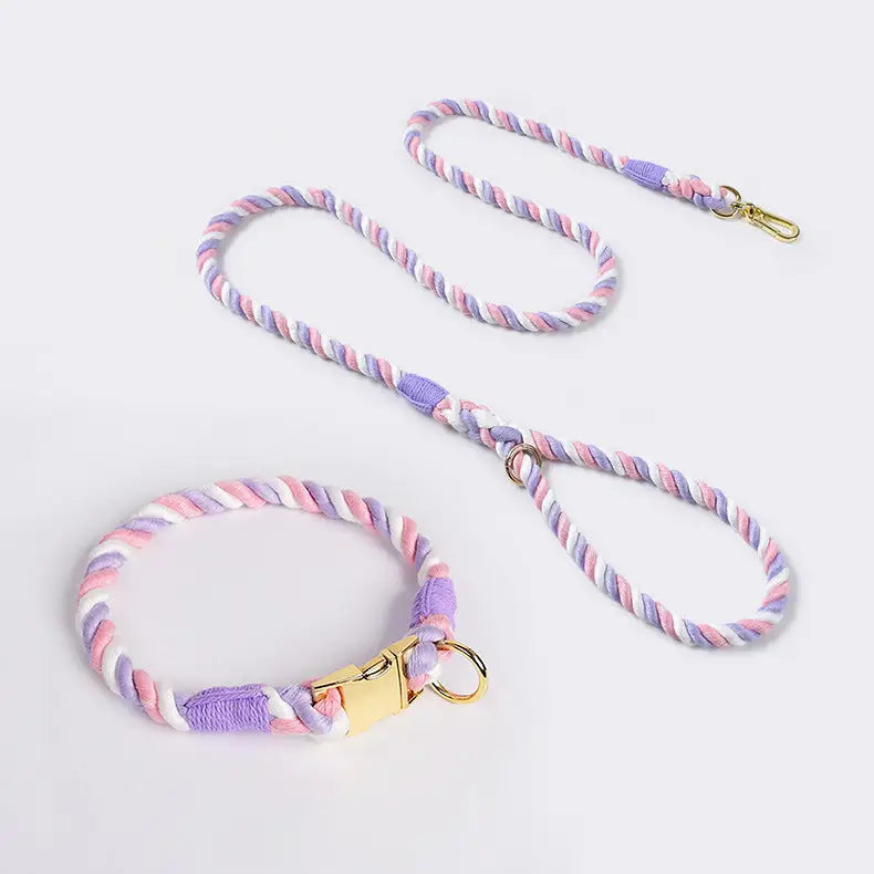 Handmade Gradient Rope Dog Collar & Leash Set - Colorful Braided Cotton (Pink purple - Size M) - Pet Care > Dog