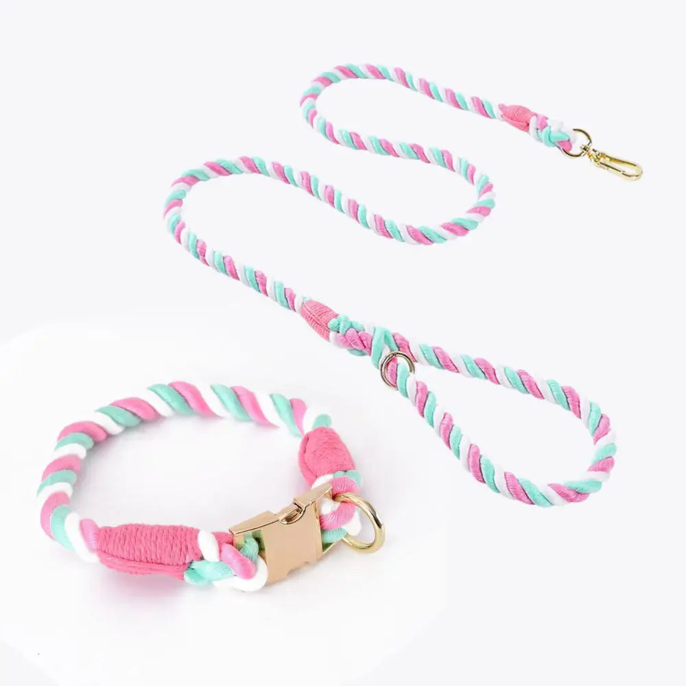 Handmade Gradient Rope Dog Collar & Leash Set - Colorful Braided Cotton (Pink - Size S) - Pet Care > Dog Supplies > Dog