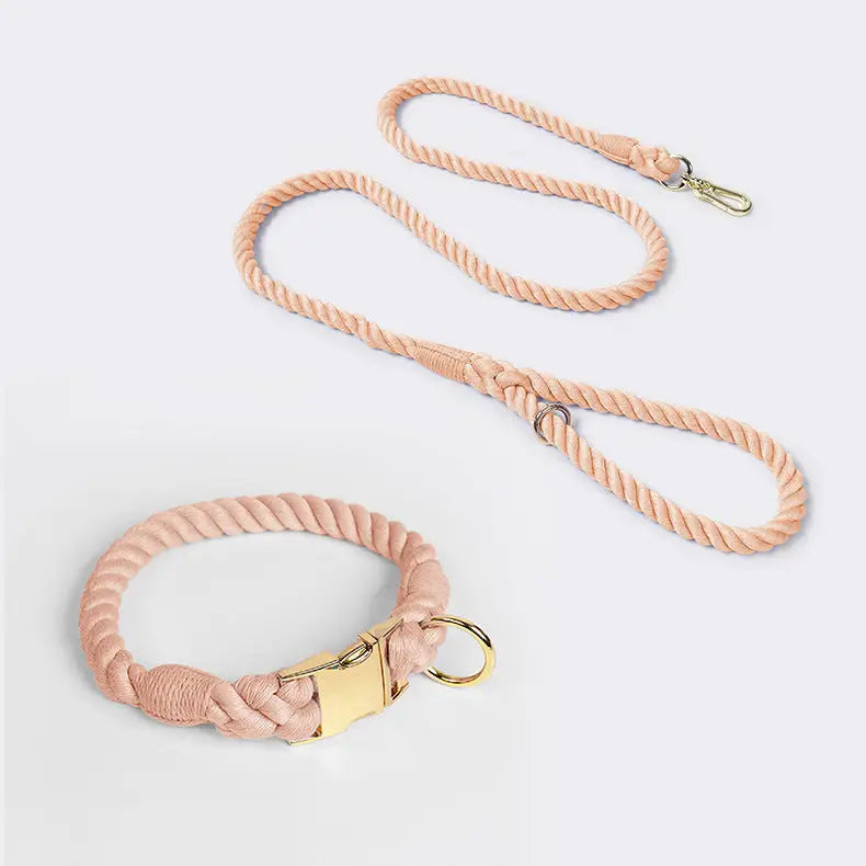 Handmade Rope Dog Collar and Leash Set - Colorful Woven Cotton Cotton (Leather pink - Size S) - Pet Care > Dog Supplies