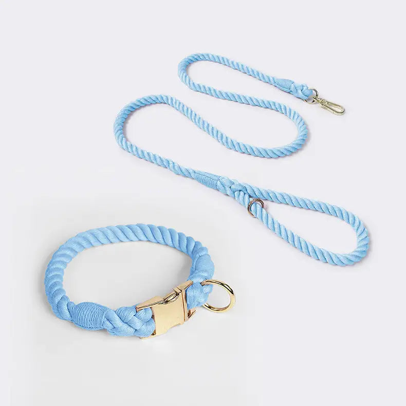 Handmade Rope Dog Collar and Leash Set - Colorful Woven Cotton Cotton (Sky blue - Size M) - Pet Care > Dog Supplies >