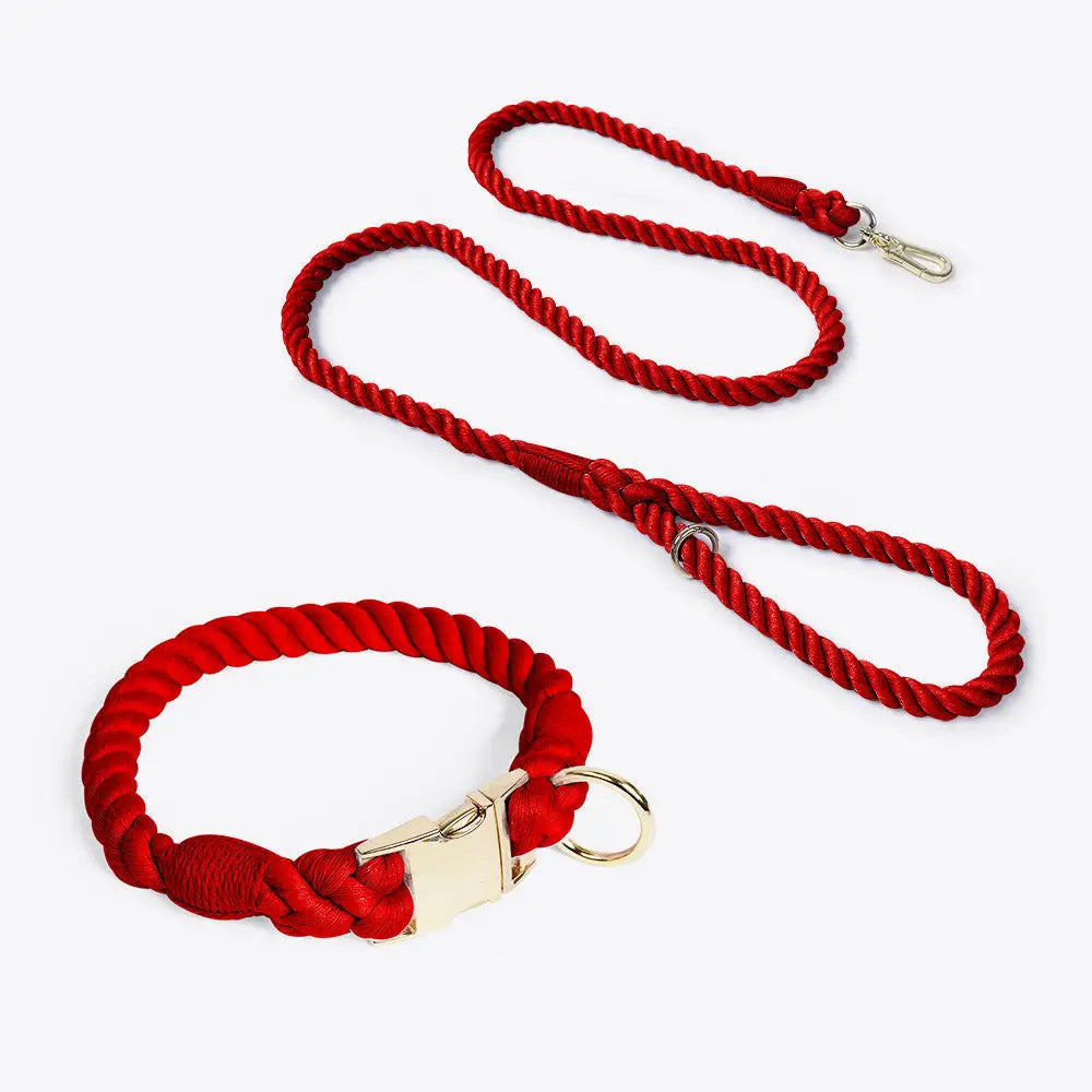 Handmade Rope Dog Collar and Leash Set - Colorful Woven Cotton Cotton (Wine red - Size L) - Pet Care > Dog Supplies >