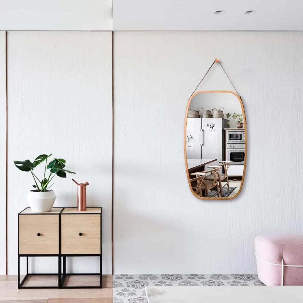 Hanging Full Length Wall Mirror - Solid Bamboo Frame and Adjustable Leather Strap for Bathroom and Bedroom - Health &