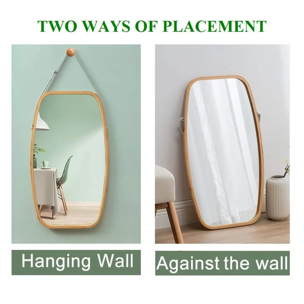 Hanging Full Length Wall Mirror - Solid Bamboo Frame and Adjustable Leather Strap for Bathroom and Bedroom - Health &