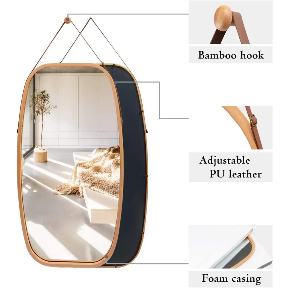 Hanging Full Length Wall Mirror - Solid Bamboo Frame and Adjustable Leather Strap for Bathroom and Bedroom - Health &