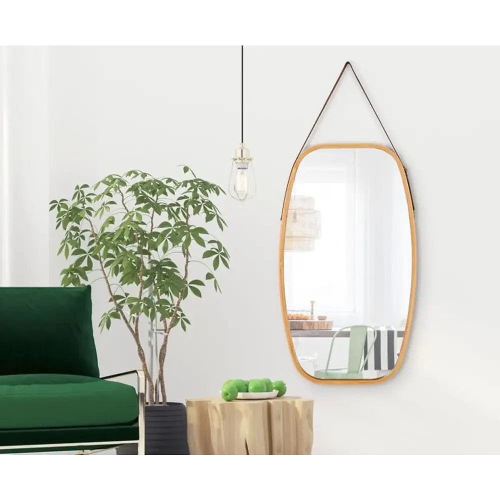 Hanging Full Length Wall Mirror - Solid Bamboo Frame and Adjustable Leather Strap for Bathroom and Bedroom - Health &