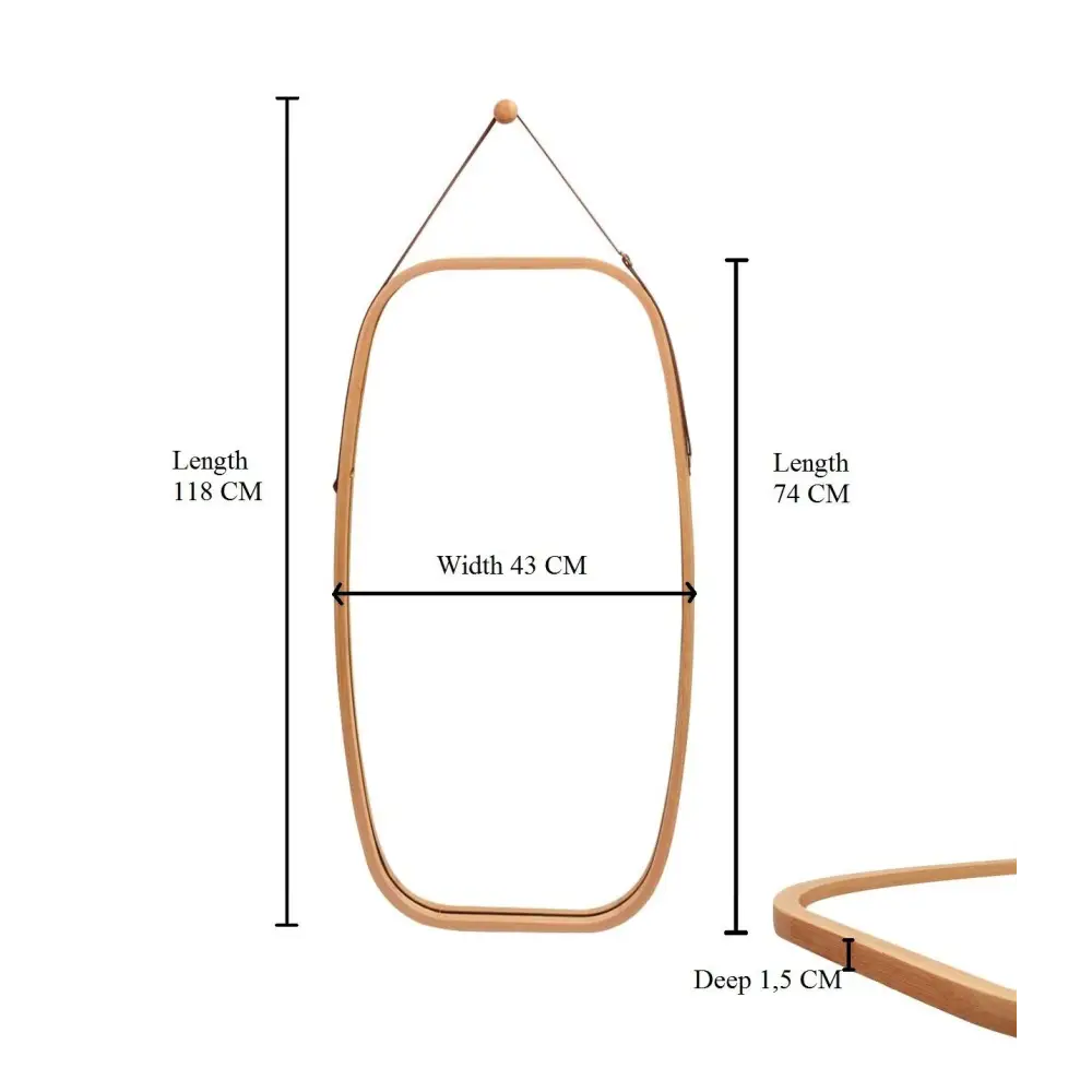Hanging Full Length Wall Mirror - Solid Bamboo Frame and Adjustable Leather Strap for Bathroom and Bedroom - Health &