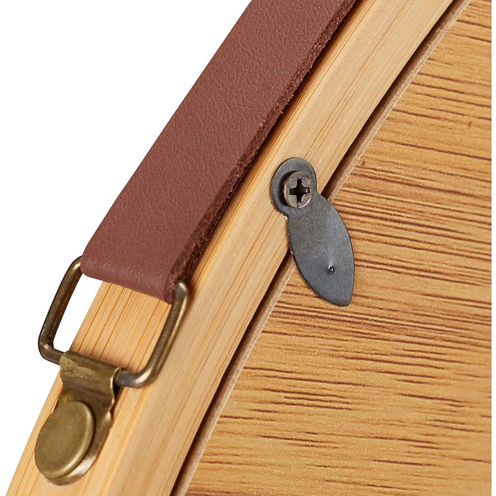 Hanging Round Wall Mirror 38 cm - Solid Bamboo Frame and Adjustable Leather Strap for Bathroom and Bedroom - Furniture