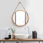 Hanging Round Wall Mirror 38 cm - Solid Bamboo Frame and Adjustable Leather Strap for Bathroom and Bedroom - Furniture