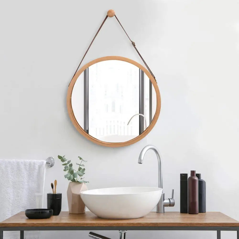 Hanging Round Wall Mirror 38 cm - Solid Bamboo Frame and Adjustable Leather Strap for Bathroom and Bedroom - Furniture