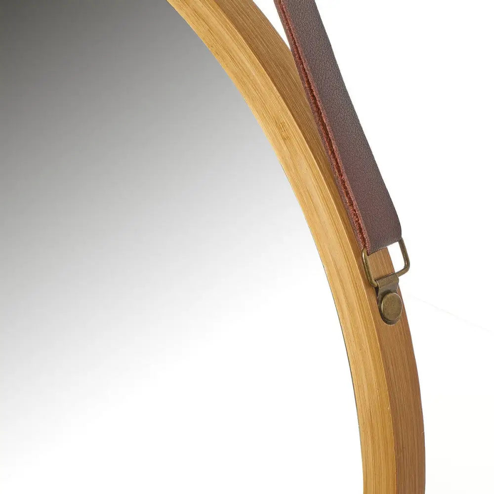 Hanging Round Wall Mirror 38 cm - Solid Bamboo Frame and Adjustable Leather Strap for Bathroom and Bedroom - Furniture