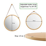 Hanging Round Wall Mirror 38 cm - Solid Bamboo Frame and Adjustable Leather Strap for Bathroom and Bedroom - Furniture