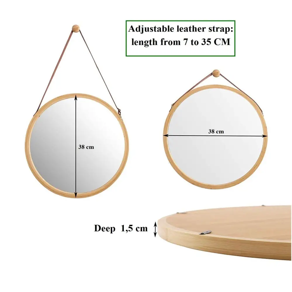 Hanging Round Wall Mirror 38 cm - Solid Bamboo Frame and Adjustable Leather Strap for Bathroom and Bedroom - Furniture