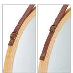 Hanging Round Wall Mirror 38 cm - Solid Bamboo Frame and Adjustable Leather Strap for Bathroom and Bedroom - Furniture