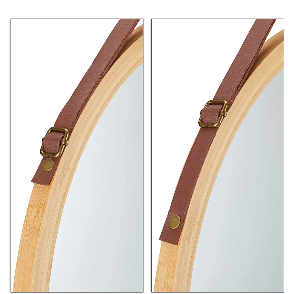 Hanging Round Wall Mirror 38 cm - Solid Bamboo Frame and Adjustable Leather Strap for Bathroom and Bedroom - Furniture