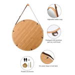 Hanging Round Wall Mirror 38 cm - Solid Bamboo Frame and Adjustable Leather Strap for Bathroom and Bedroom - Furniture