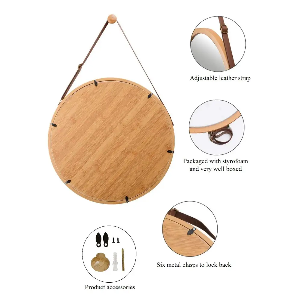 Hanging Round Wall Mirror 38 cm - Solid Bamboo Frame and Adjustable Leather Strap for Bathroom and Bedroom - Furniture