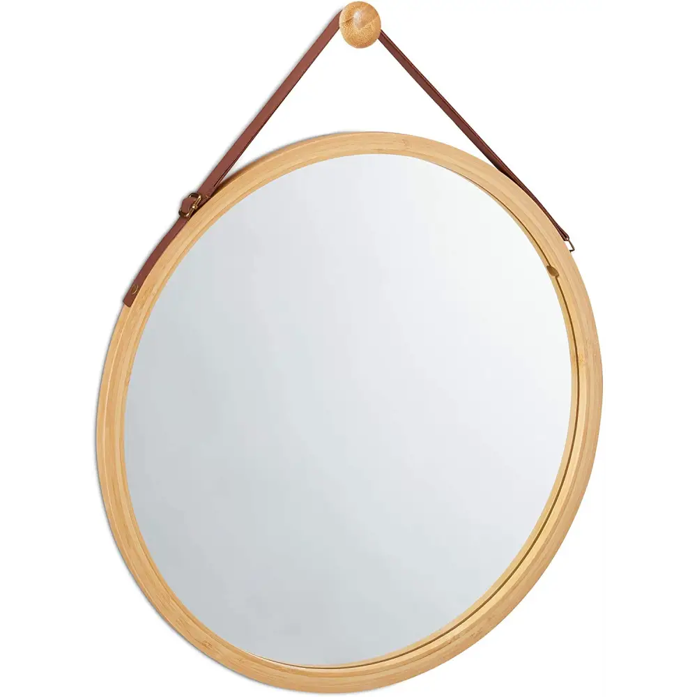 Hanging Round Wall Mirror 45 cm - Solid Bamboo Frame and Adjustable Leather Strap for Bathroom and Bedroom - Health &