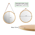 Hanging Round Wall Mirror 45 cm - Solid Bamboo Frame and Adjustable Leather Strap for Bathroom and Bedroom - Health &