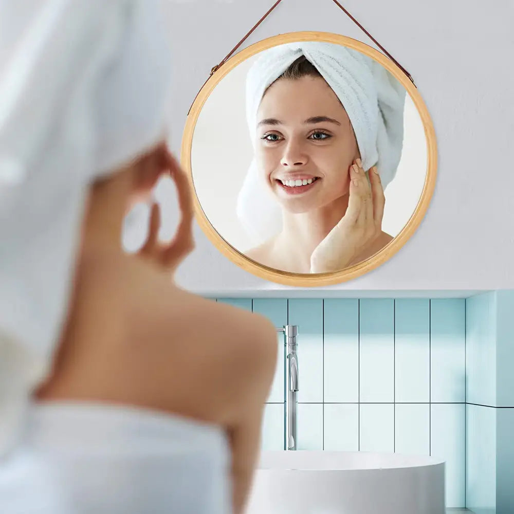 Hanging Round Wall Mirror 45 cm - Solid Bamboo Frame and Adjustable Leather Strap for Bathroom and Bedroom - Health &