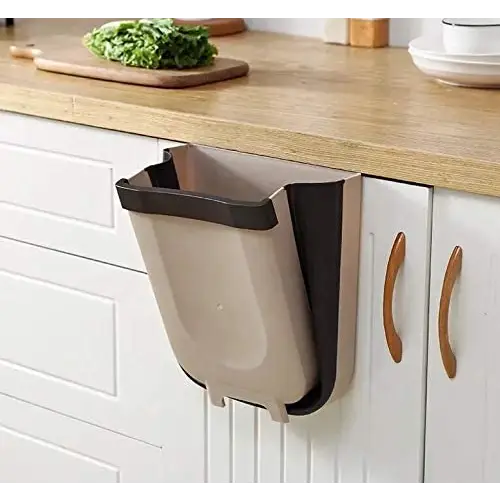 Hanging Trash Can Collapsible Small Garbage Waste Bin for Kitchen (Beige) - Home & Garden > Kitchen Bins