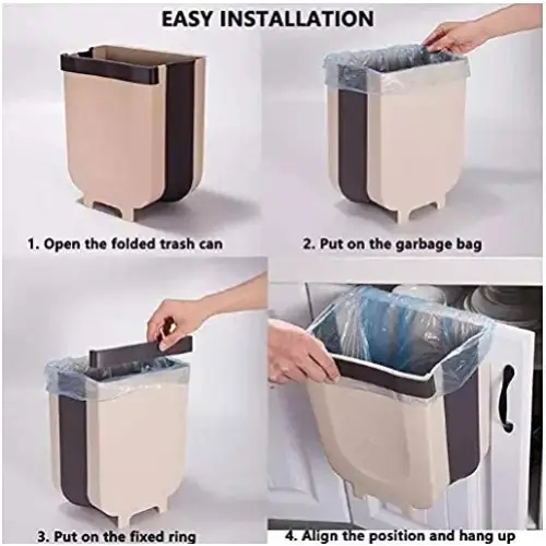 Hanging Trash Can Collapsible Small Garbage Waste Bin for Kitchen (Beige) - Home & Garden > Kitchen Bins