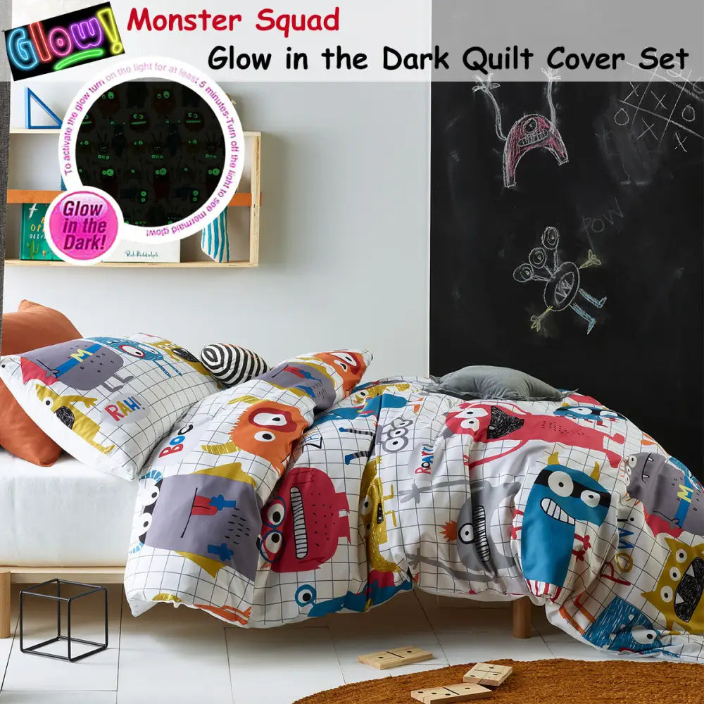 Happy Kids Monster Squad Glow in the Dark Quilt Cover Set Single - Home & Garden > Bedding