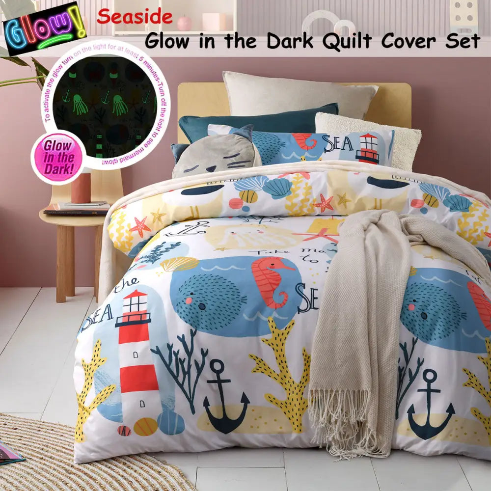 Happy Kids Seaside Glow in the Dark Quilt Cover Set Single - Home & Garden > Bedding
