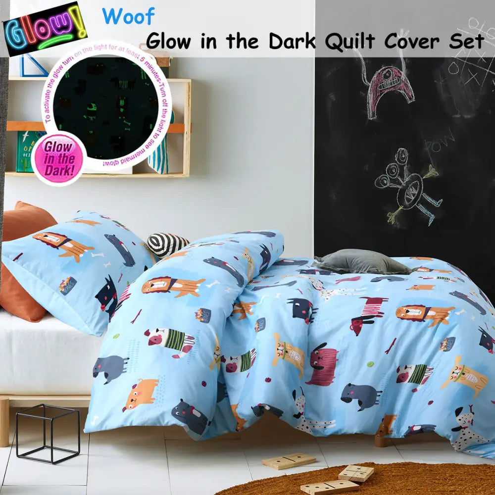 Happy Kids Woof Glow in the Dark Quilt Cover Set Double - Home & Garden > Bedding