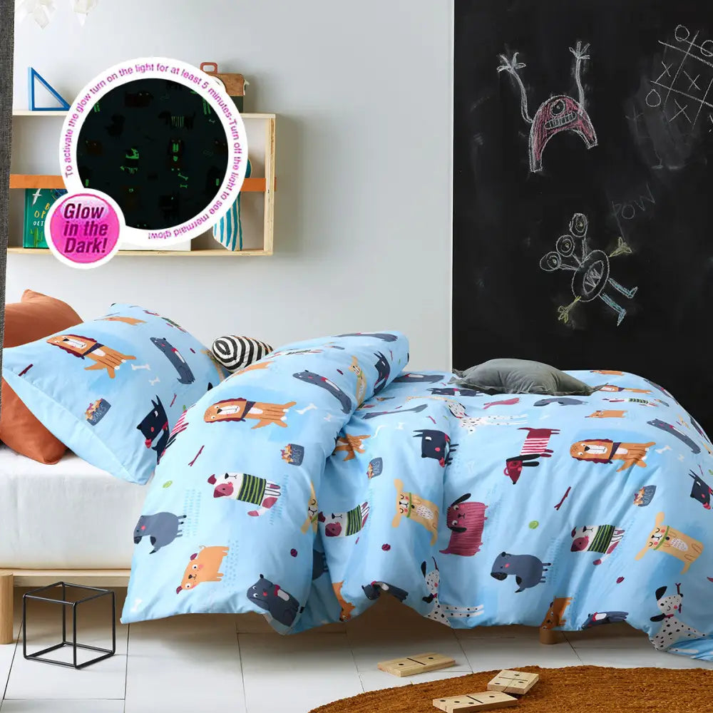 Happy Kids Woof Glow in the Dark Quilt Cover Set Single - Home & Garden > Bedding